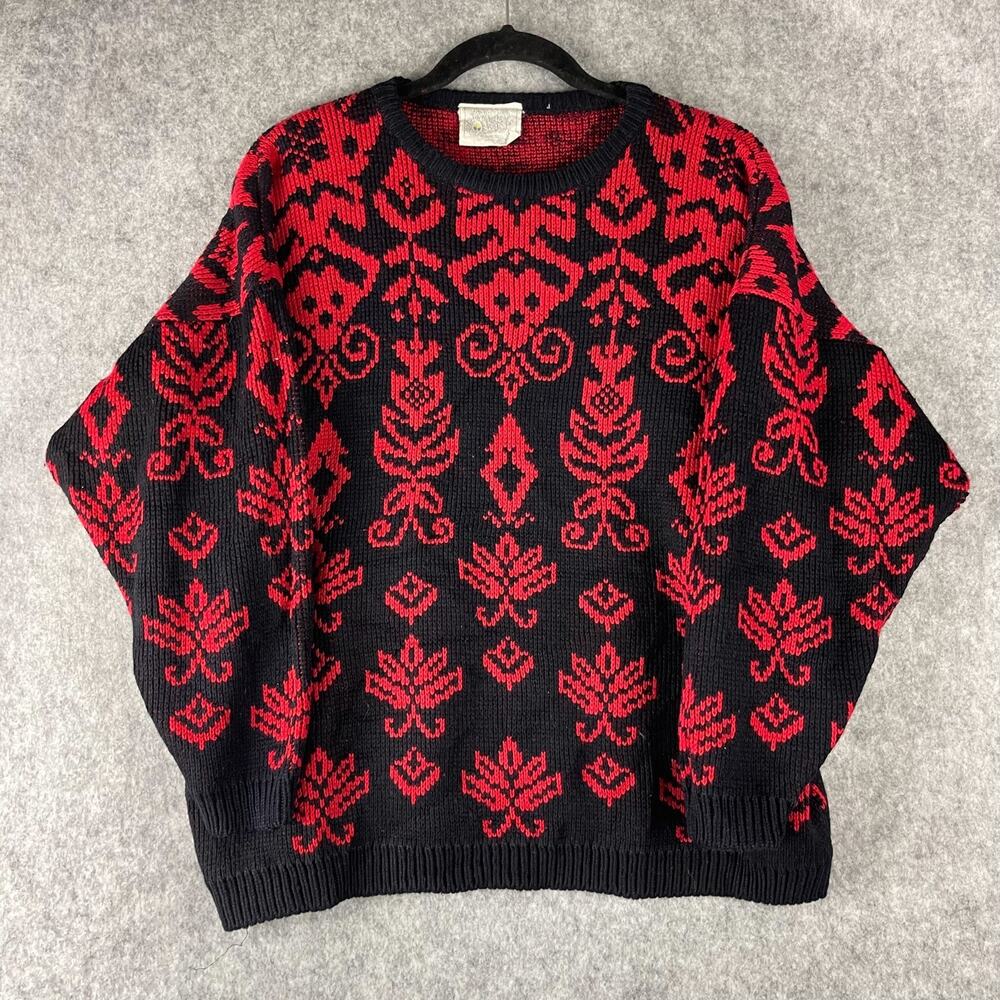 Vintage Yellow Rose Sweater Womens Medium Red Floral Knit Artsy Hong Kong 80s